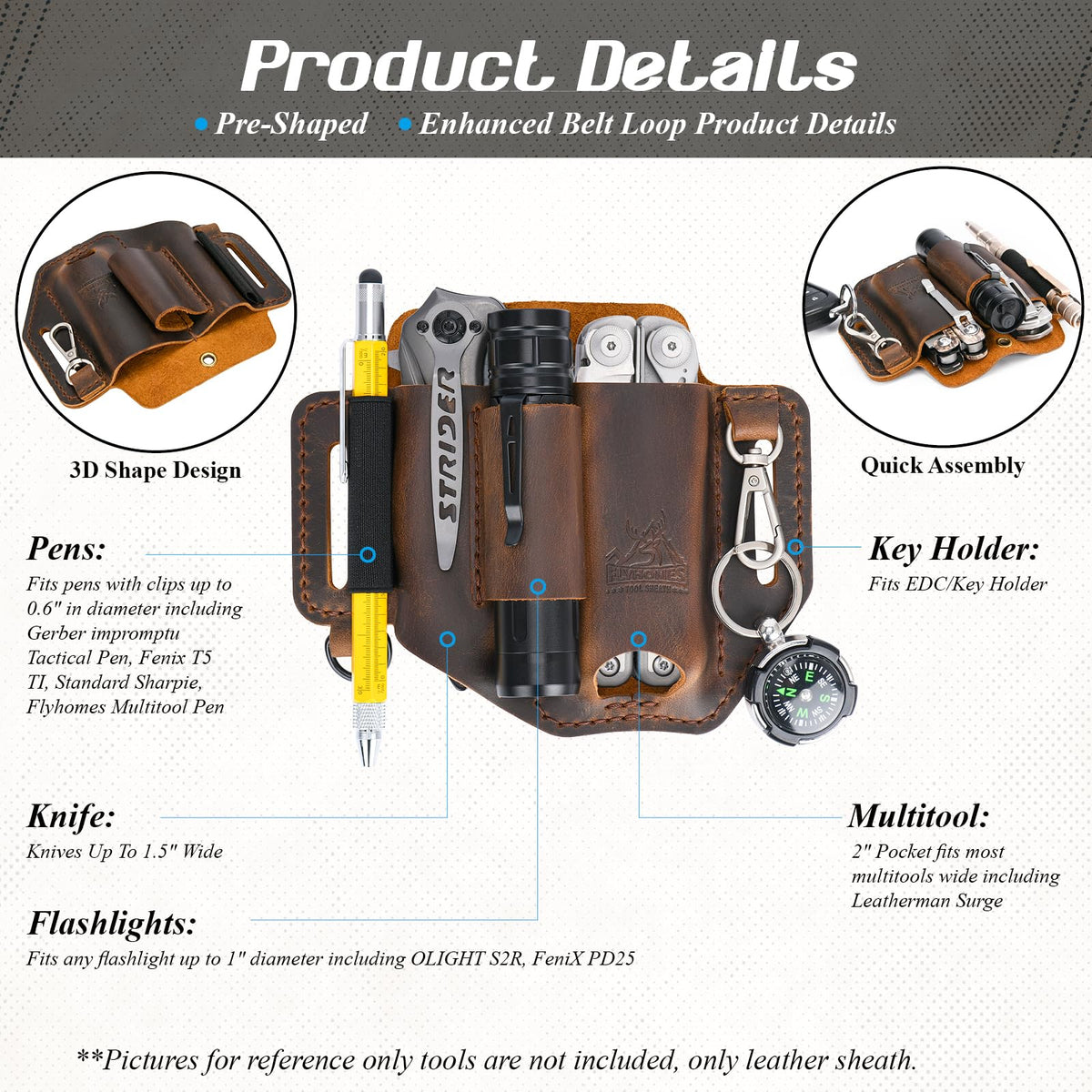 FLYHOMES Premium Full-Grain Genuine Cowhide Leather Multitool Sheath | Handmade Stitched Belt Organizer for Leatherman, Flashlight, Pen & EDC Tools | Multi-Tool Holster Pouch with Keychain Clip