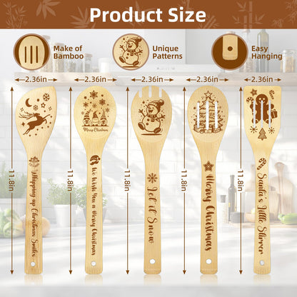 Christmas Cooking Spoons Set with Canvas Bag, 5Pcs Bamboo Non-Stick Cooking Utensils, Kitchen Accessories Housewarming Gift for Friend Women Men, Funny Thanksgiving Christmas Gift for Mom Dad