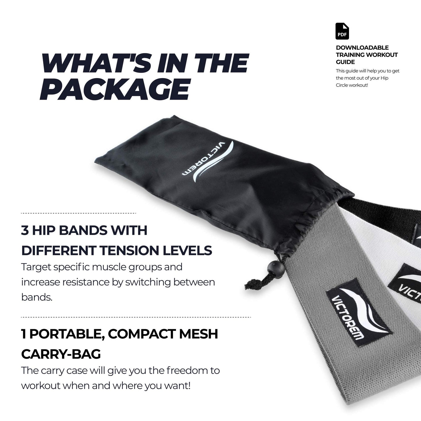 Victorem Hip Bands - Set of 3 - Thigh - Hip Resistance - Booty Exercise Resistance Bands - Low, Medium and Heavy Loop Set - Stretching, Lifting