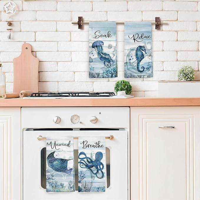 Nautical Hand Towels, Coastal Beach Bathroom Decor, Manta Ray Octopus Jellyfish
