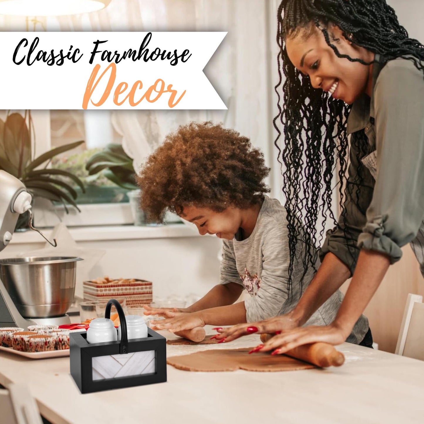 Autumn Alley Farmhouse Salt and Pepper Shakers Set for Kitchen Counter – Striking Black and White Salt and Pepper Shakers Set with Holder – Unique Shiplap Design for Farmhouse Kitchen Decor