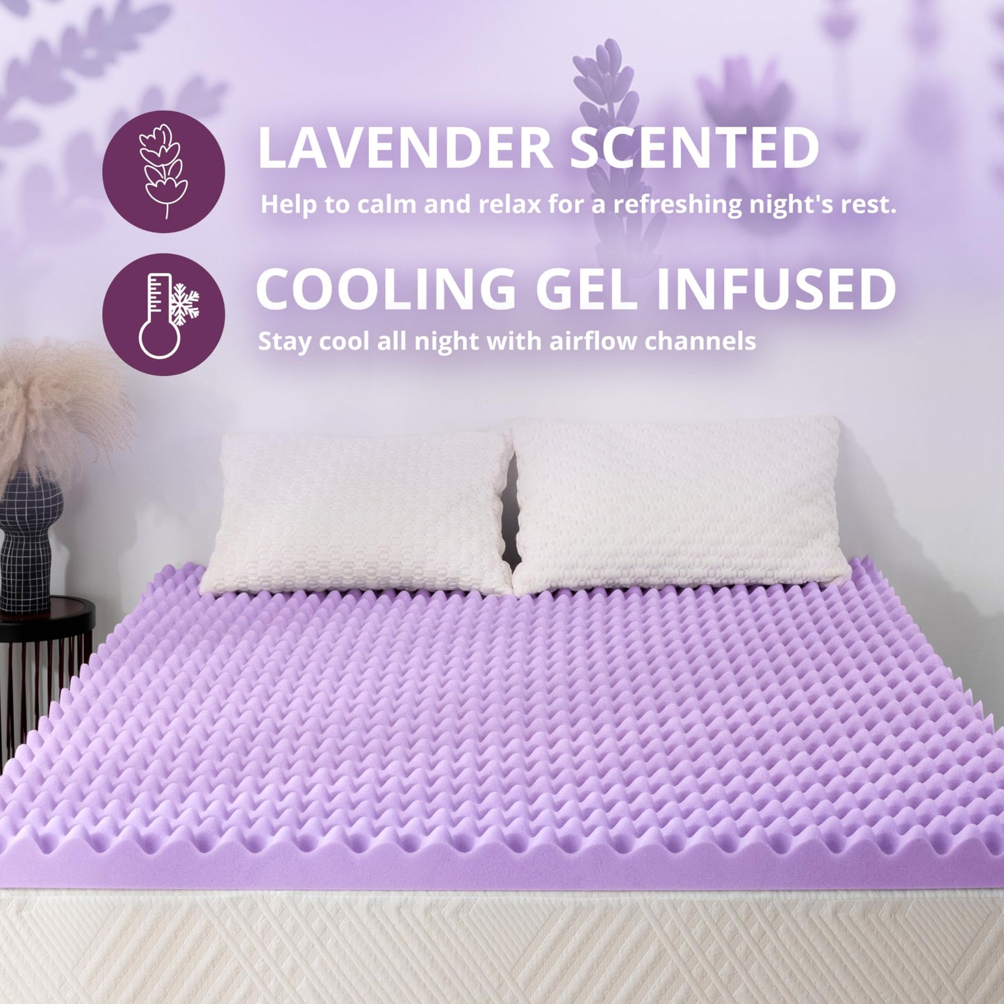 3 Inch Egg Crate Queen Memory Foam Mattress Topper, Lavender Scent Gel Infused Foam Mattress Topper for Pressure Relief, CertiPUR-US Certified Queen Bed Topper, Purple, 60"×80"