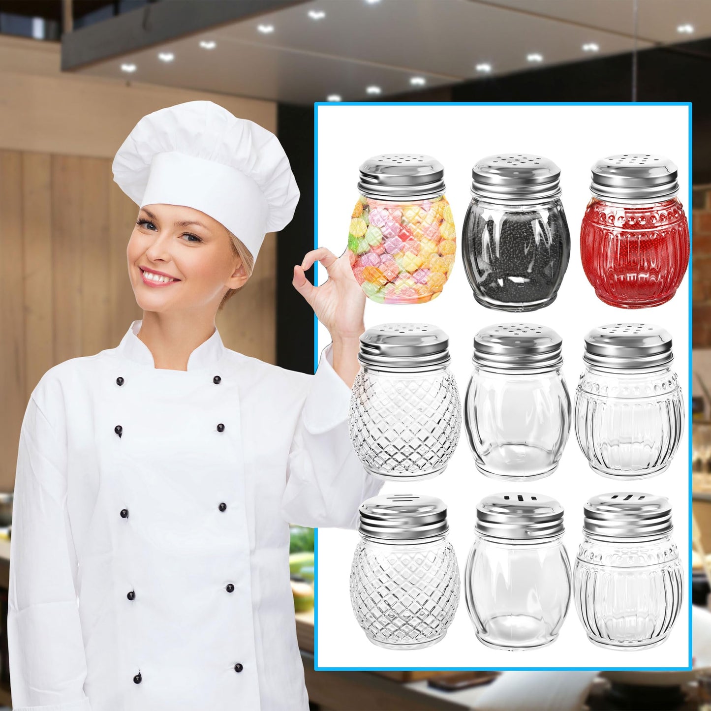 24 Pack 6 Ounces Glass Spices Shaker with Perforated Stainless Steel Lid Clear Cheese Salt and Pepper Shakers for Home Kitchen Restaurant Supplies
