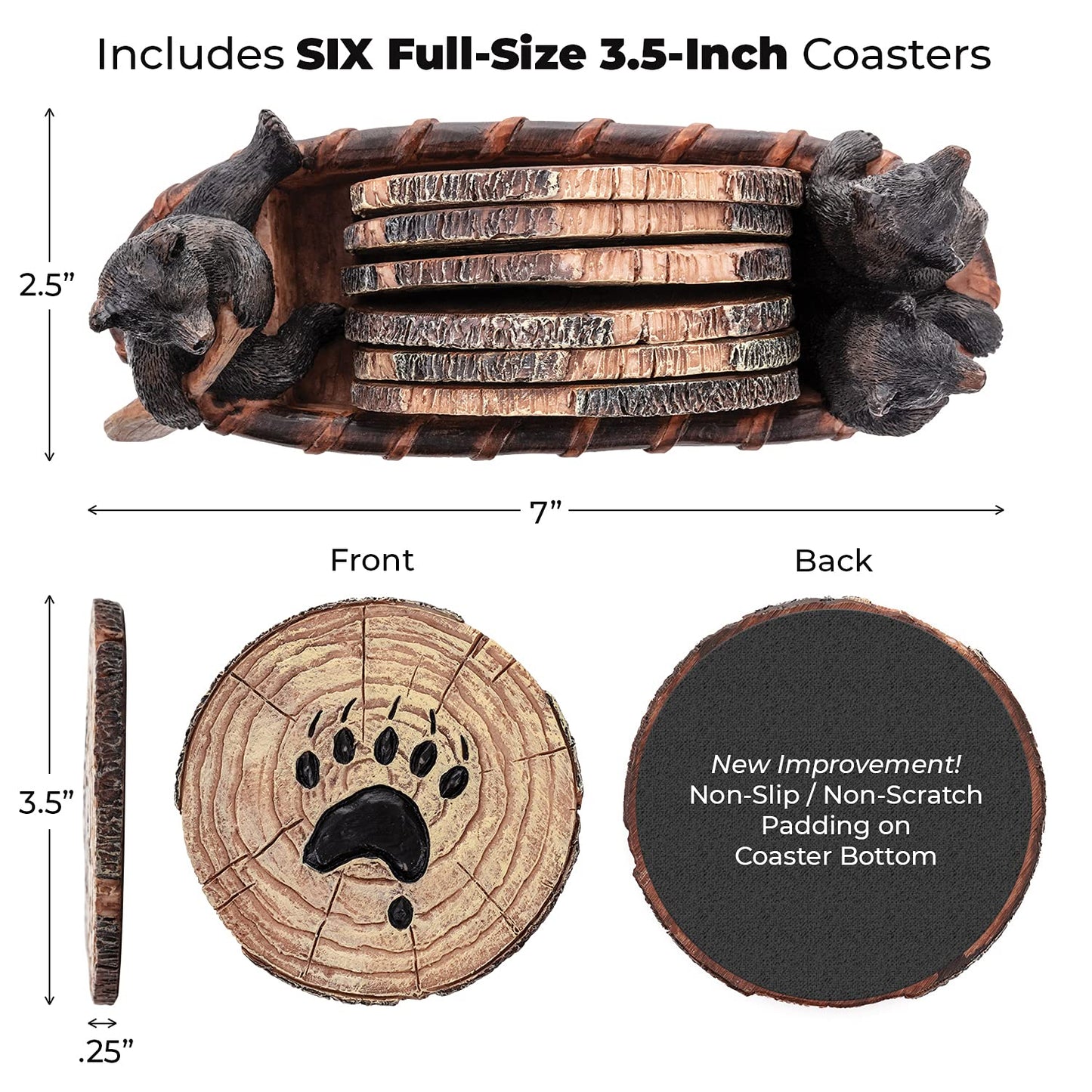 Cabin Obsession Bear Coasters - Set of 6 Full Size Rustic Coasters in Handmade Canoe with Adorable Black Bear Figurines - Log Cabin Decorations, Rustic Lodge Decor for The Home
