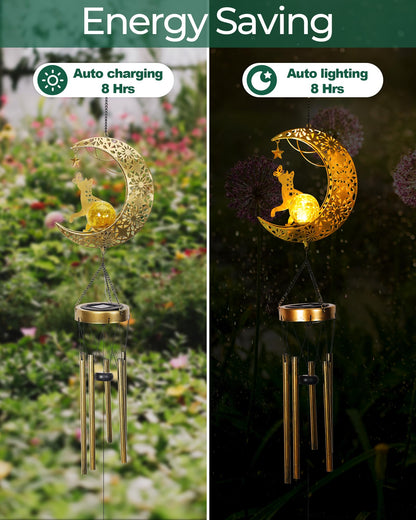 Vuees Solar Garden Outdoor Decor, Moon Cat Hanging Wind Chimes, Housewarming Ornament for Patio, Lawn, Yard, Pathway - Unique Gift Ideas for Gardening Mom Grandma Women
