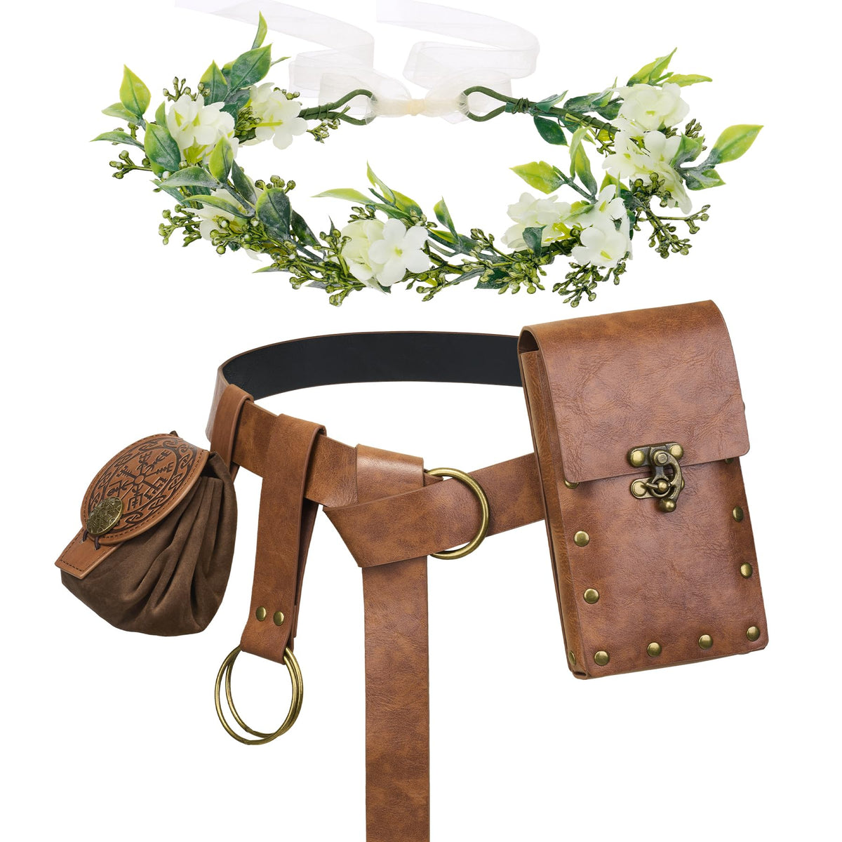 YESSA Renaissance Accessories,Medieval Viking Leather Belt Pouch Coin Purse,Ren Faire Headpiece Phone Holder Waist Bag Halloween Cosplay Pirate Costumes Set,Brown