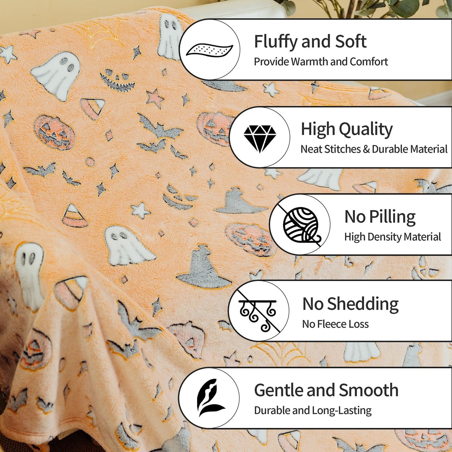 Halloween Blanket Glow in The Dark Spider Webs Pumpkin Ghost Bat Halloween Decorations Ultra Plush Soft Throw Blanket for Kids to Party Gifts Sofa Bed Living Room 50"X60"