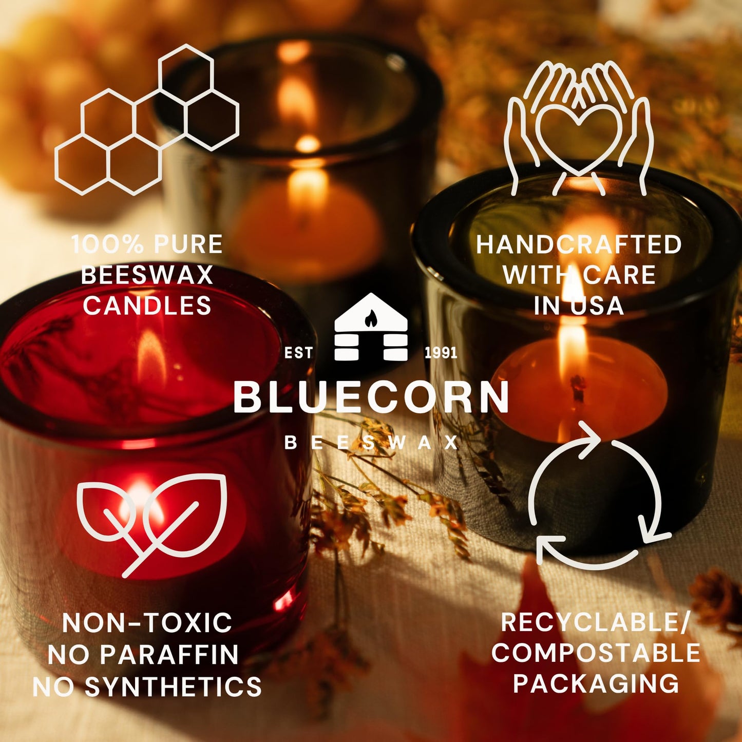 Bluecorn Beeswax Tea Light Candles, 100% Pure Natural Bees Wax, Ivory White Tea Lights, Fragrance Free, Paraffin & Soy Free Candle Wax, Clean Burning, Long Lasting (4-5 Hrs), American Made, 48 Pack