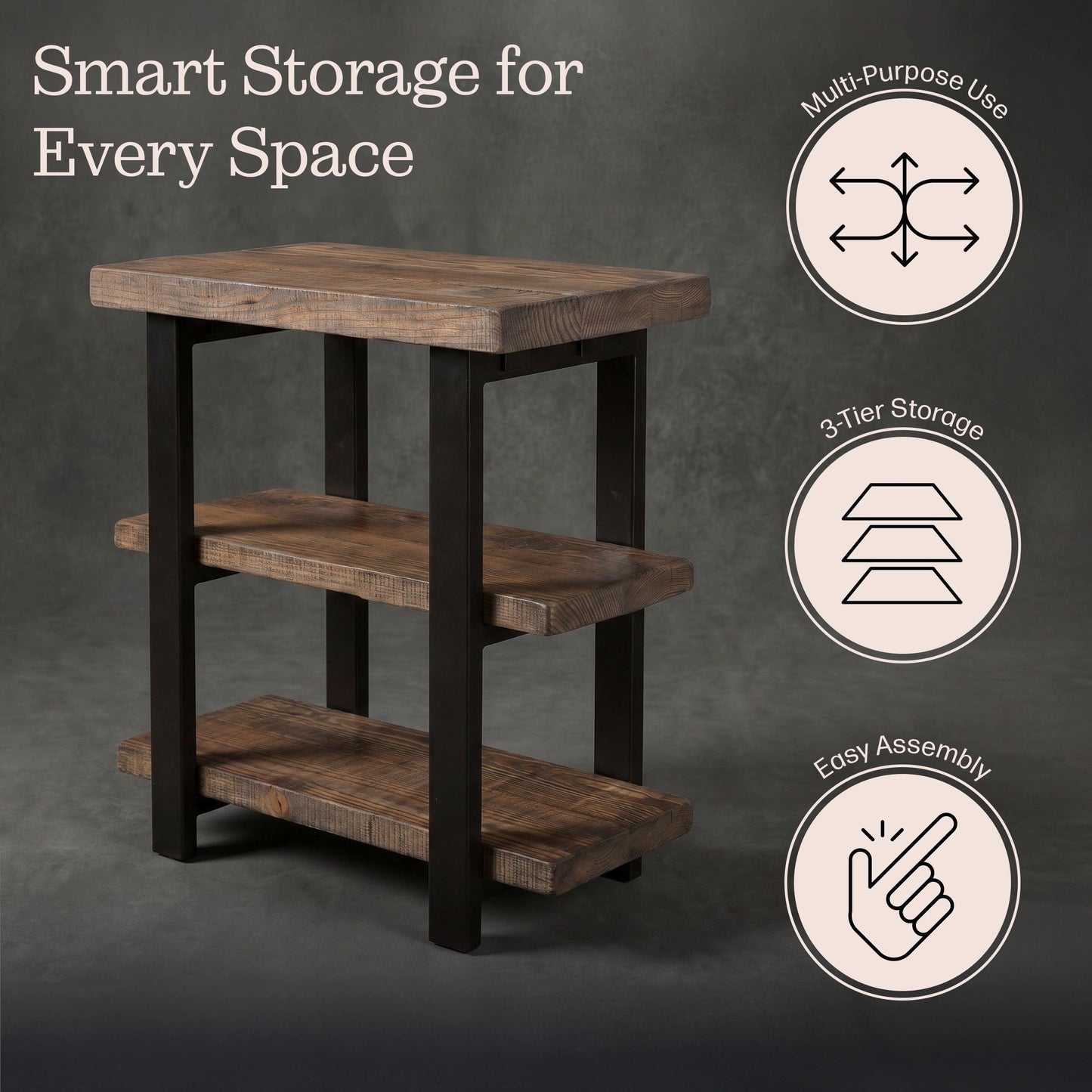 Alaterre Furniture Pomona Living Room 3-Tier Solid Wood End Table with Metal Legs & Storage Shelves – Modern Rustic Industrial Space-Saving Side Table or Nightstand (Rustic Brown)