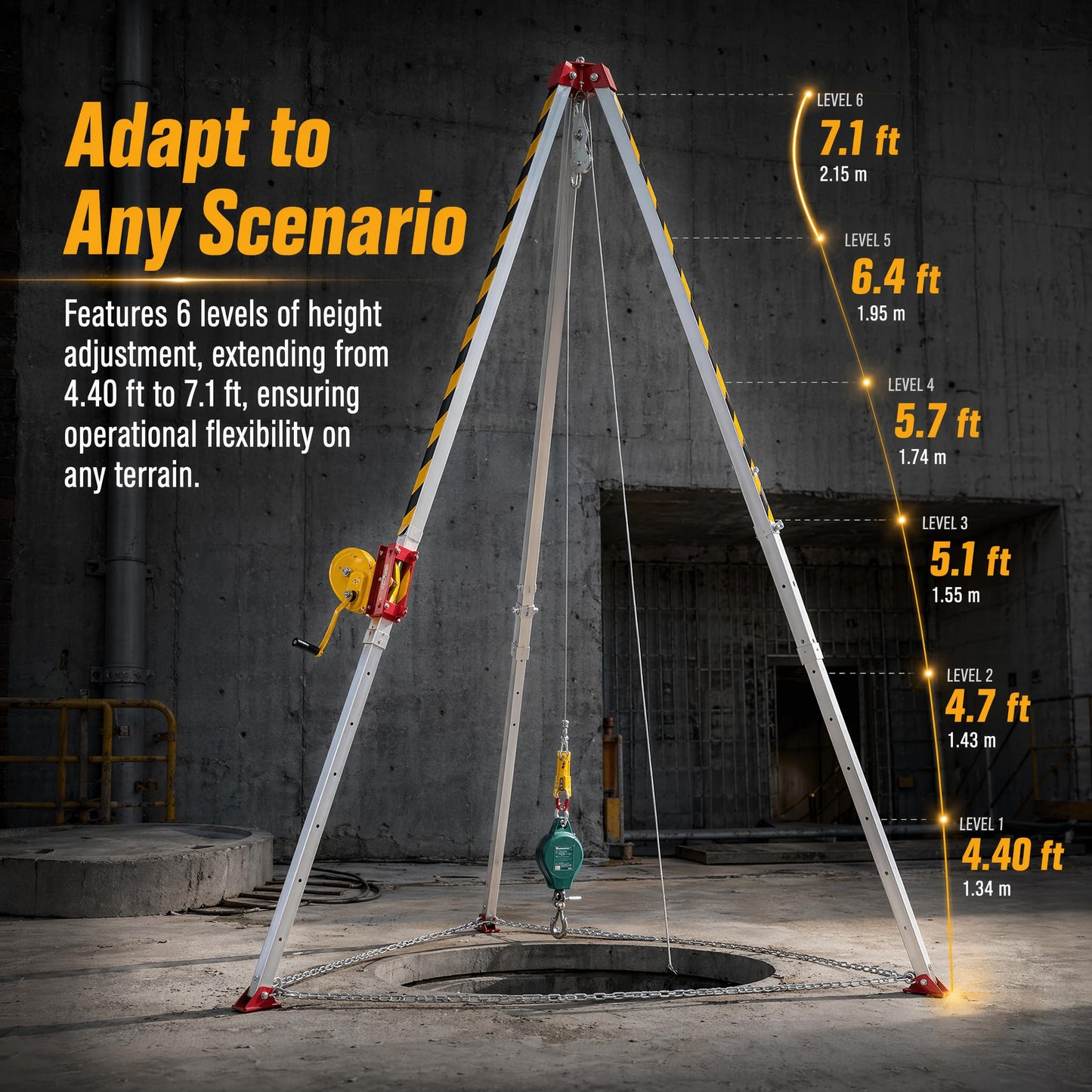 Lifting Winch Tripod Kit 1800lbs Confined Space Tripod Fall Protection Equipment 30m Steel Wire Rope Adjustable Height 4.40-7.1FT Safety Equipment Rescue Tripod Stand System