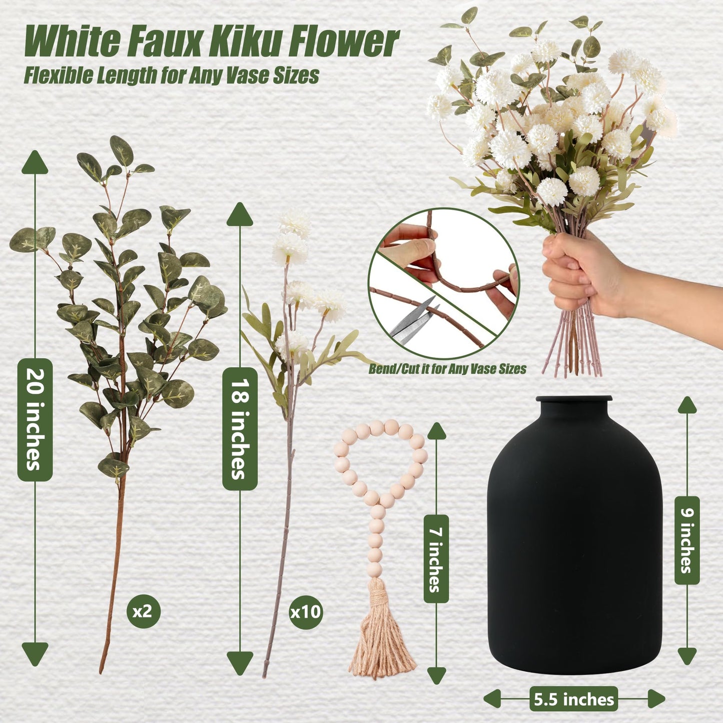 Toetopfae 20''H Fake Flowers in Large Vase for Centerpiece Table Decorations with 10Pcs Fake Mums Flowers Eucalyptus Stems Faux Pompon Kiku Flowers Arrangement for Home Decor (White/Black Vase)