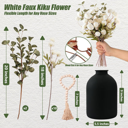 Toetopfae 20''H Fake Flowers in Large Vase for Centerpiece Table Decorations with 10Pcs Fake Mums Flowers Eucalyptus Stems Faux Pompon Kiku Flowers Arrangement for Home Decor (White/Black Vase)