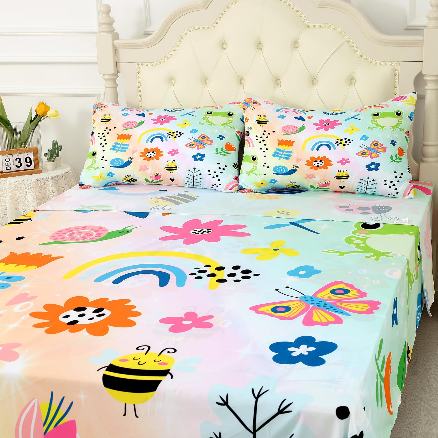 FUYEUN Rainbow Frogs Fitted Sheet Sets,Cartoon Floral Kids Bedding Twin Size for Girls Teens Adults Bedroom Bed, Kawaii Sheets Bedspread Set,1 Flat Sheet 1 Fitted Sheet 1 Pillowcase
