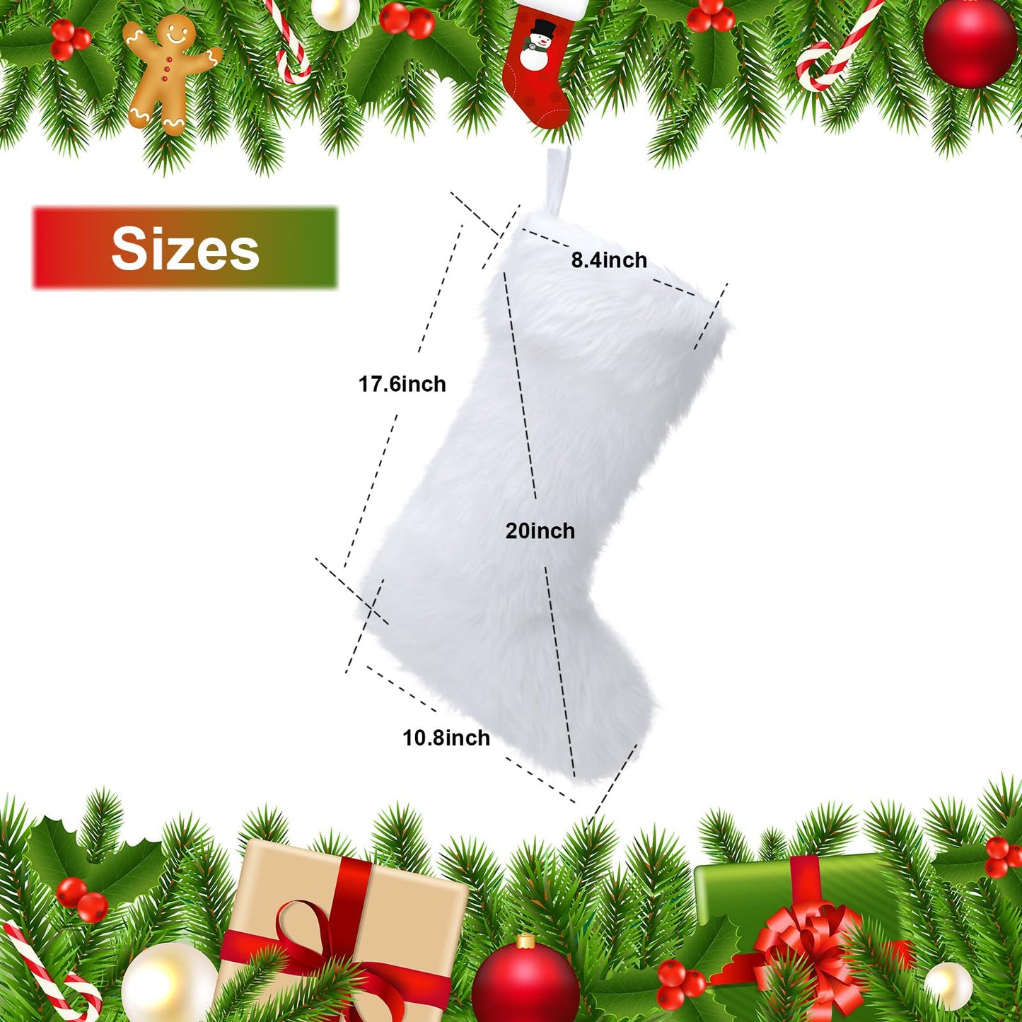 JOVITEC 4 Pcs 20 Inch White Christmas Stockings Faux Fur Snowy Christmas Stockings Xmas Fireplace Hanging Stocking Candy Gift Bags for Holiday Decorations