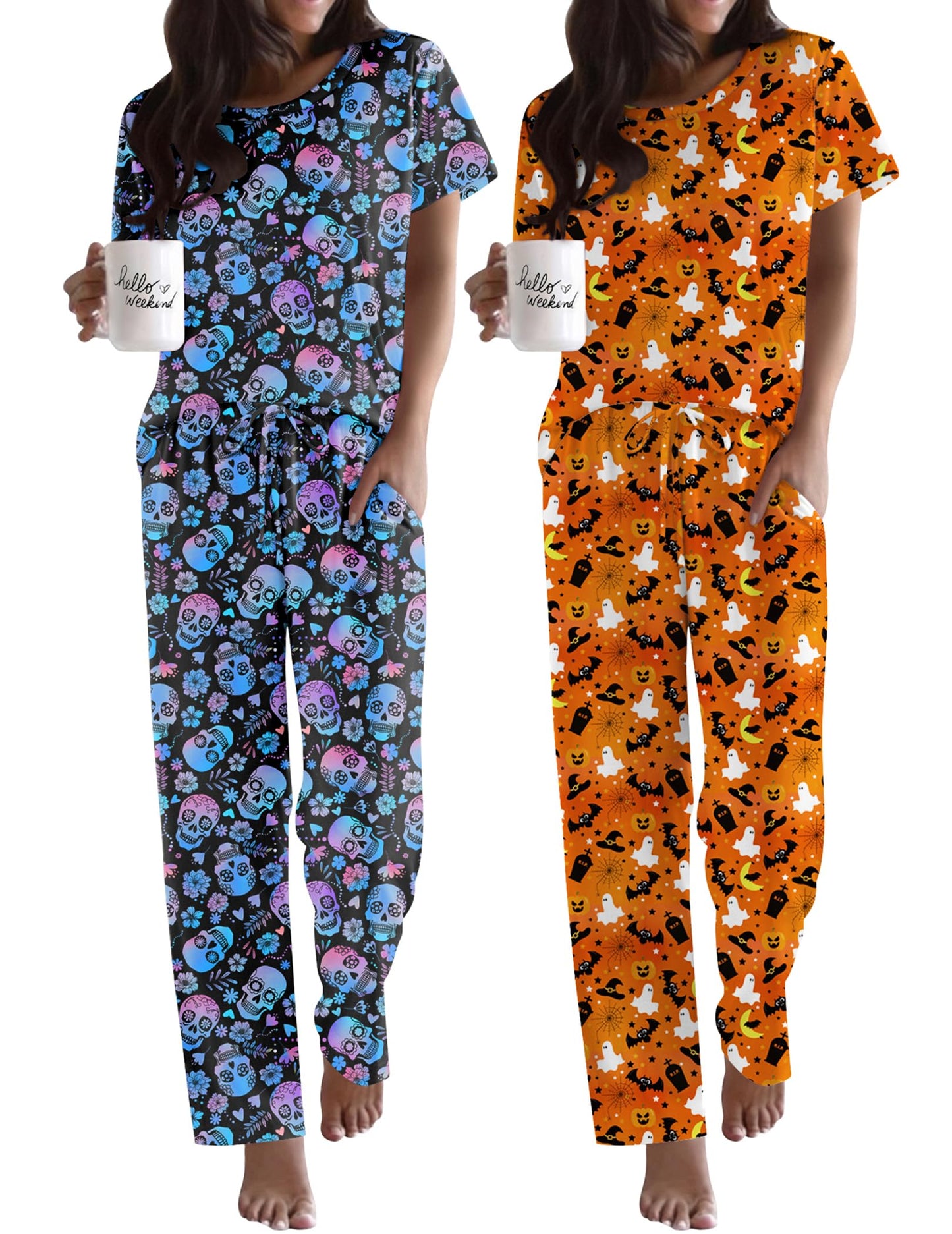 Ekouaer 2 Pack Pajamas for Women Set Short Sleeve Sleepwear Top and Pants Pjs Soft Printed Lounge Sets with Pockets Skull/Halloween XX-Large