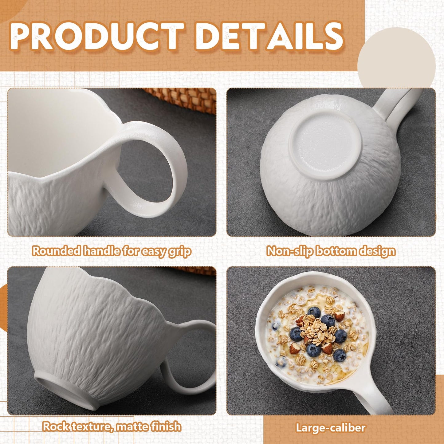 Ferrochef 2 Pack 16.9oz Soup Bowls with Loop Handle, White Stone Texture Ceramic Microwave and Dishwasher Safe Bowls, Matte Frosted Mug for Hot Soups, Chilled Desserts, Oatmeal, Yogurt, Coffee, Milk