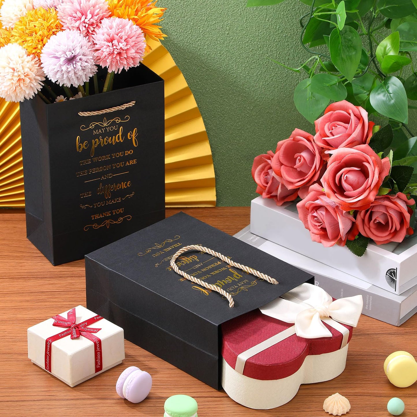 Fulmoon 50pcs Thank You Gifts Bags Employee Appreciation Pape Bags Bulk 5.9 x 3.1 x 8.3'' Inspirational May You Be Proud Gift Sack with Handle for Coworkers Teacher Valentine's Day(Black)