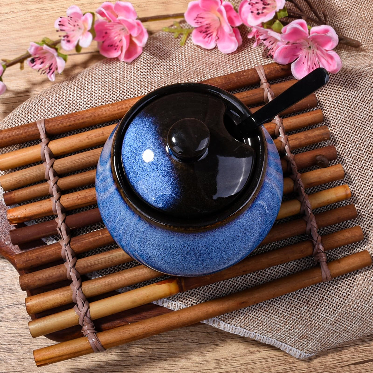 BOSILI Ceramic Sugar Bowl Set of 2, Reactive Glaze Sugar Containers with Lids and Stainless Steel Spoons, Kitchen Canisters for Sugar, Spices, Coffee and Tea
