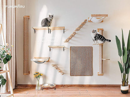 FUKUMARU Cat Activity Tree with Scratching Posts, Wall Mounted Jute Scratcher Pine Hammock, Natural Rubber Wood Material