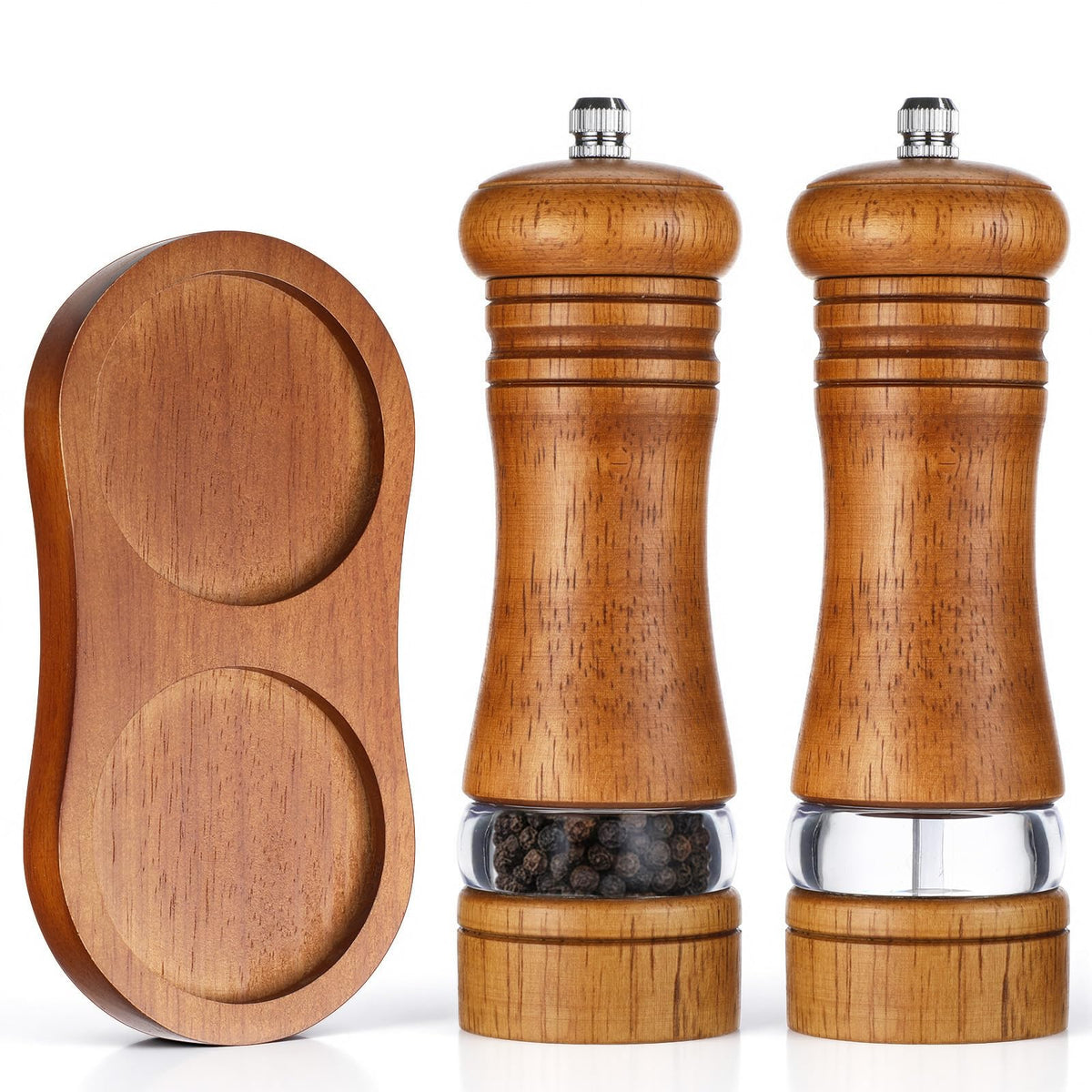 MySHUCE 2 Pack Wooden Salt and Pepper Grinder With Salt & Pepper Mill Tray, Adjustable Ceramic Grinding Rotor Manual Spice Grinder Refillable Salt Mill Sets with Acrylic Visible Window for Home Cooks