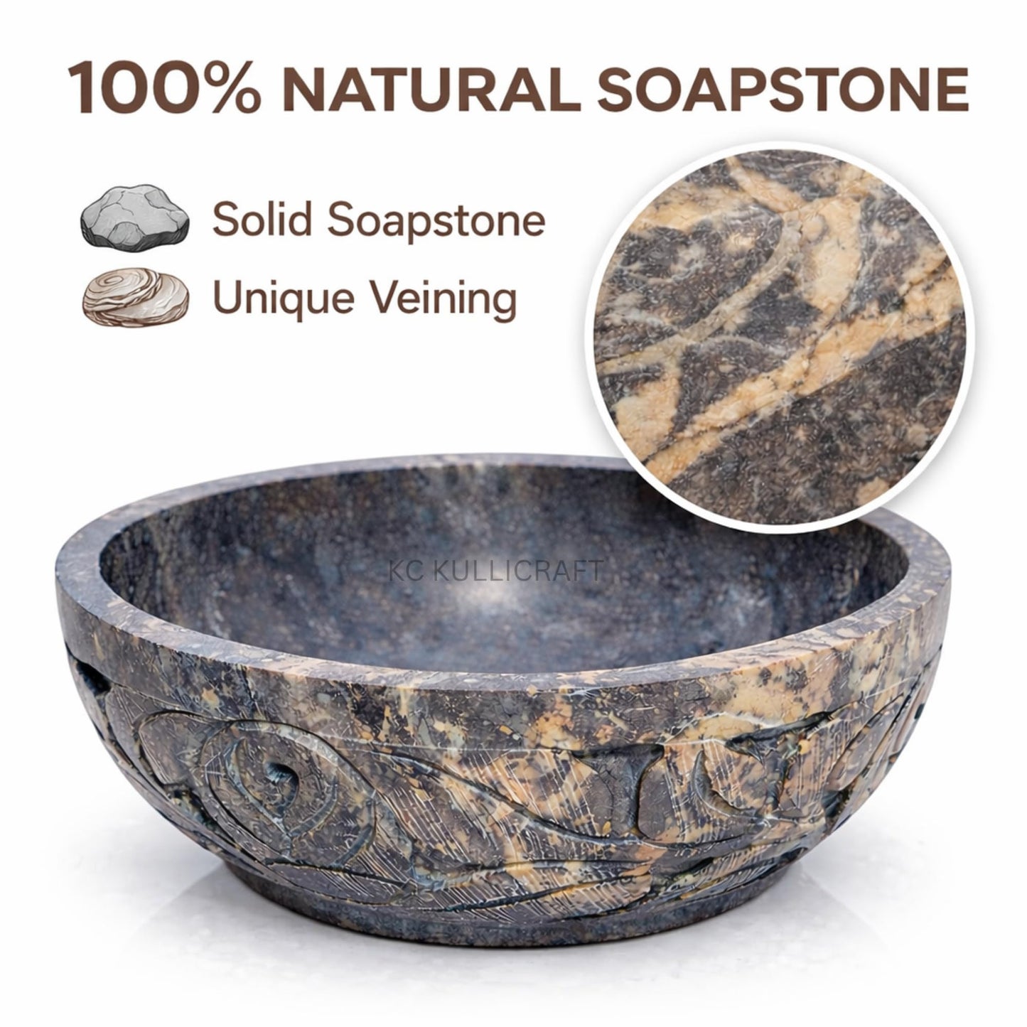 KC KULLICRAFT Marble Soapstone Natural Smudge Pot | Stone Bowl | Scrying And Smudge Bowl (Scrying - Bowls & Mirrors) (5 Inch) From India. Handmade Leaf Carved Design.