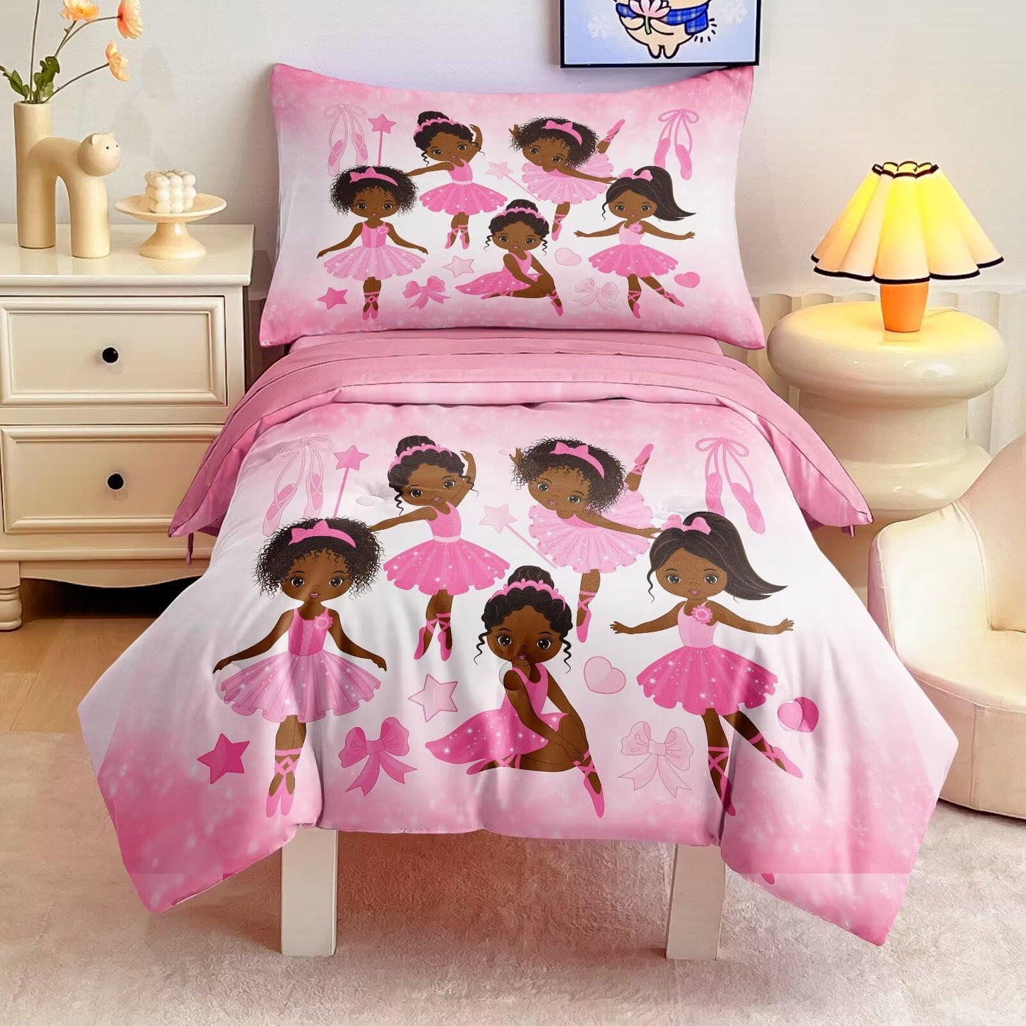 GRAT TIOC 4 Piece Toddler Bedding Set for Girls,Toddler Pink Ballerina Comforter Set,Dancer Princess Toddler Bed Comforter Set Includes Comforter, Flat Sheet,Fitted Sheet,Pillowcas