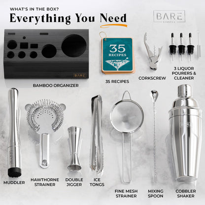 BARE BARREL® Mixology Bartender Kit Bar Set | 14-Piece Cocktail Shaker Set | Martini Barware Mixing Tools for Home Bartending | Incl. 35 Recipe Cards | Gift Set (24oz Cobbler Shaker, Silver/Black)