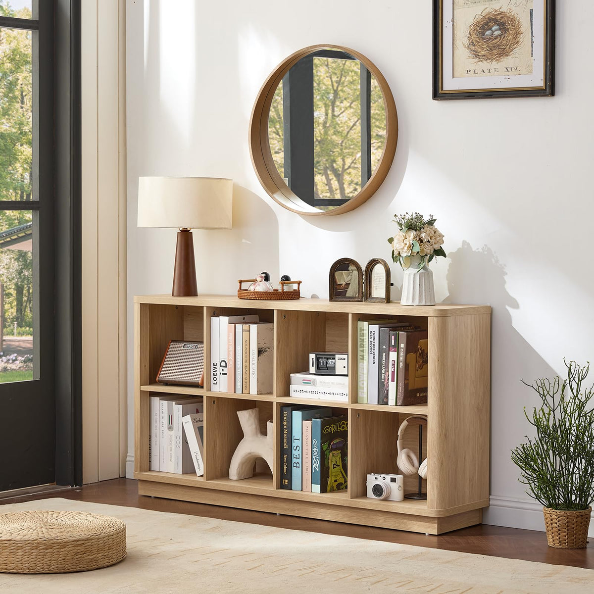 Joaxswe 8 Cube Storage Book Shelf, 52" Long Horizontal Bookshelf with Curved Edge, Floor Standing Wooden Cubby Bookcase with Base, Modern Low Console Book Case, TV Stand for Living Room, Natural Oak