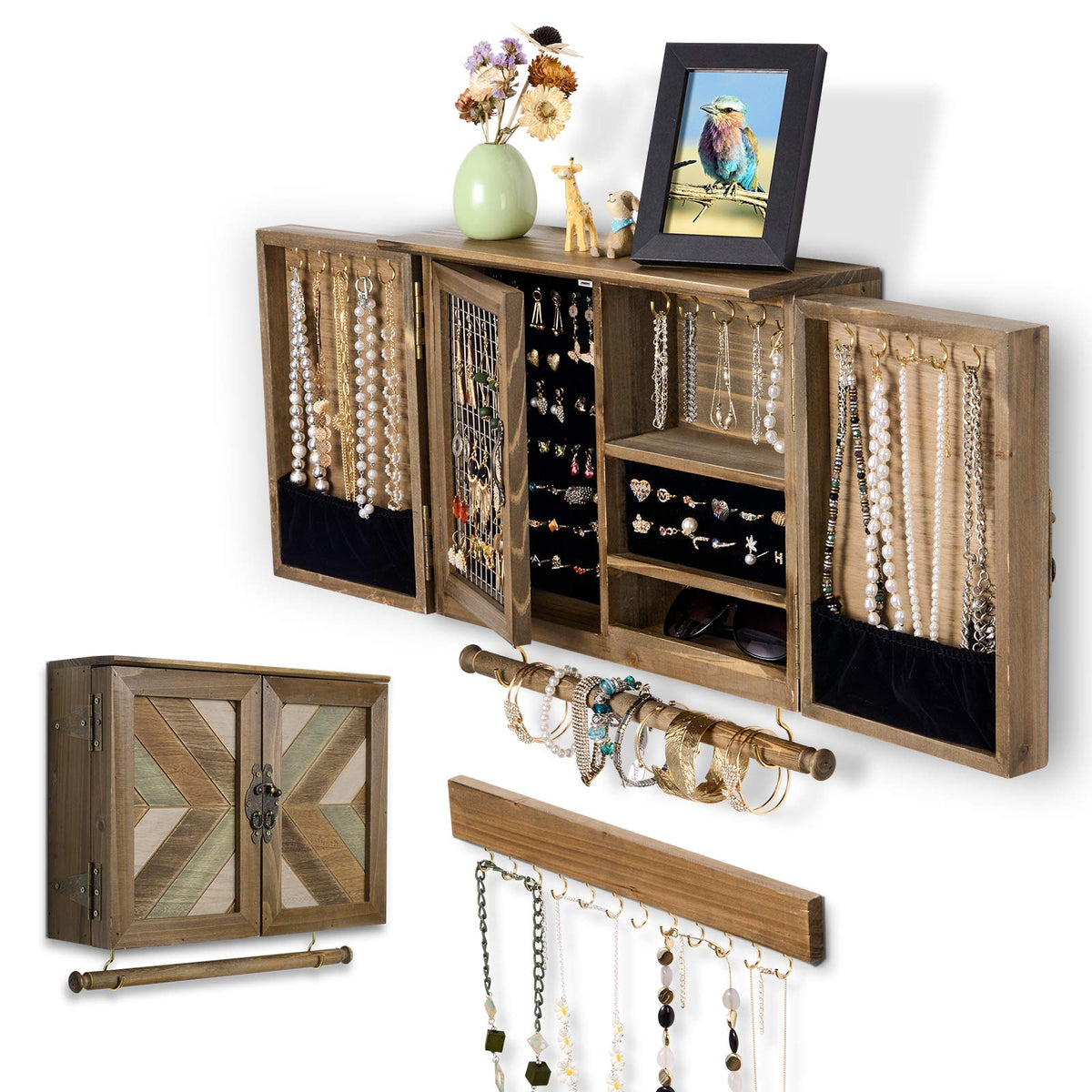 ikkle Wooden Jewelry Organizer Wall Mounted, Hanging Jewelry Holder with Removable Bracelet Rod and Hooks for Necklaces Earrings Bracelets Rings, Brown