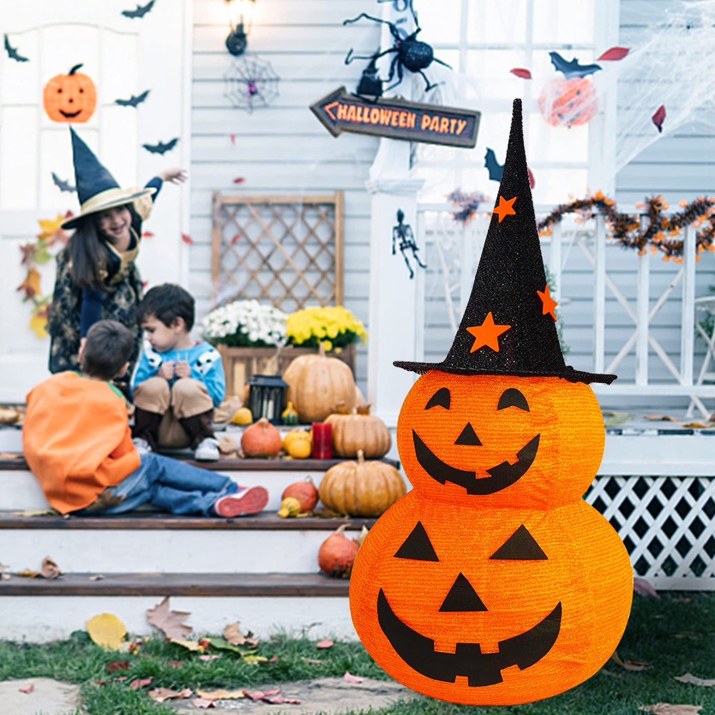 FUNPENY 3FT Halloween Collapsible Pumpkin Decorations, Pre-Lit Light Up 50 LED Pumpkin with Star Hat 8 Lighted Mode, Pop Up Jack-o-Lantern with Metal Stand for Indoor Outdoor Yard Holiday Decor