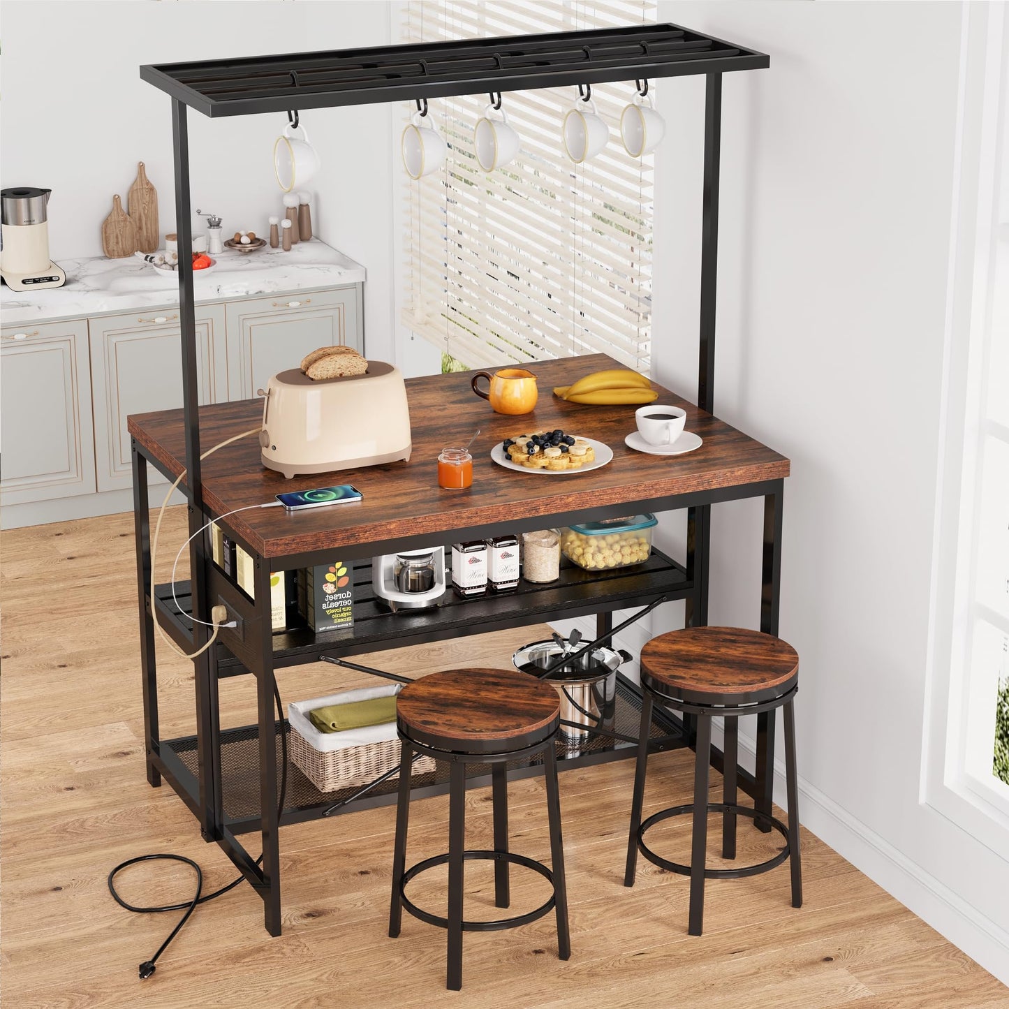 Garvee 47 in Kitchen Island with Power Outlets - Mobile Bakers Rack with 3 Shelves, Microwave Stand & 5 Hooks, 400 LB Capacity (Brown)