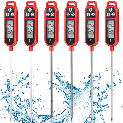 6 Pcs Instant Read Meat Thermometer with Long Probe 9.65 Inch Kitchen Cooking Food Candy Waterproof Digital Thermometer for BBQ Water Milk Yogurt Liquid (Round&Square Ring,Black,White,Red)