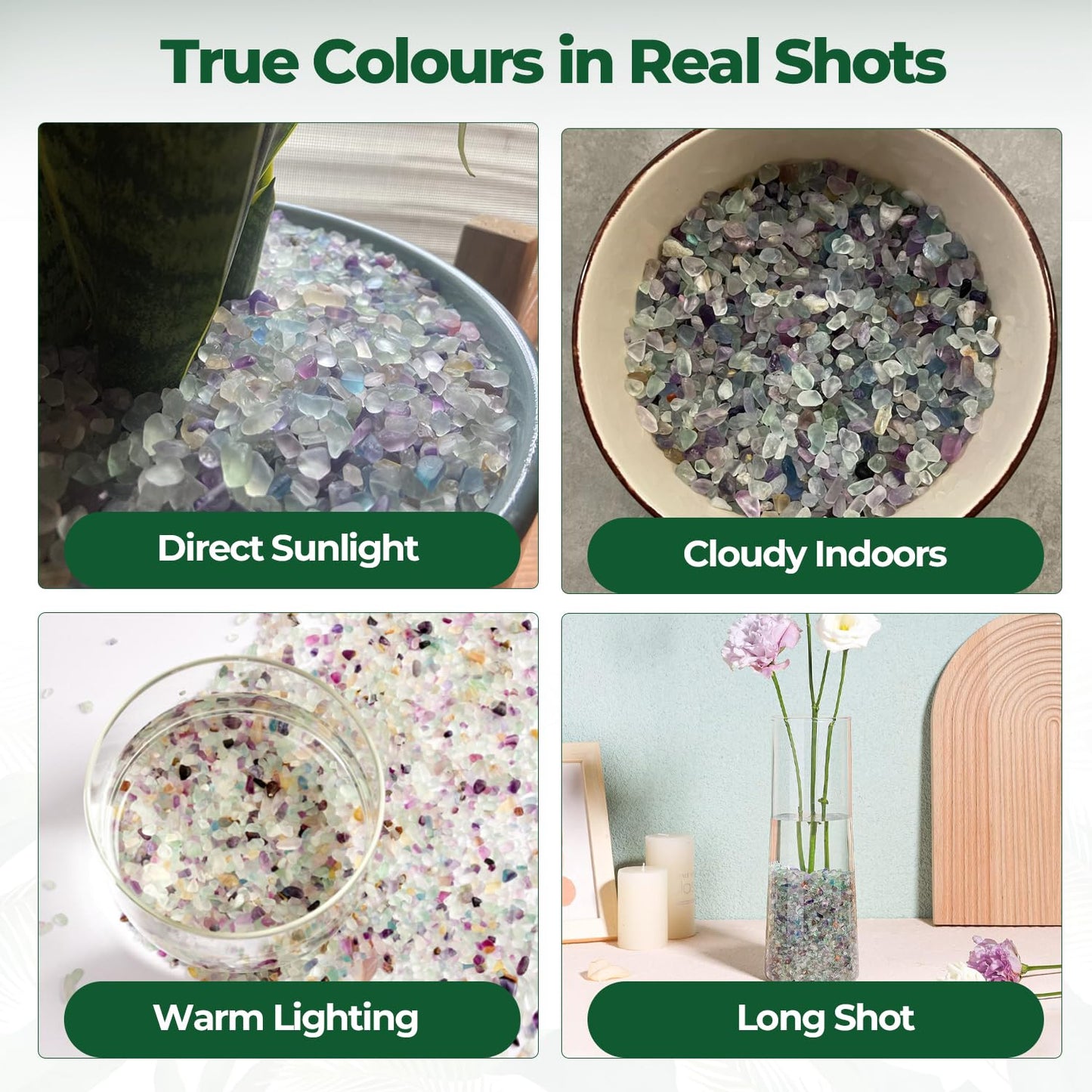 T4U Crystal Chips Stone Crushed Quartz Glass 900g (2 lb), Fluorite Tumbled Gravel Small Decorative Pebbles, Mini Polished Rocks Pieces for Crafts, Vases Filler, Succulent Plants, Aquarium Gravel Rocks