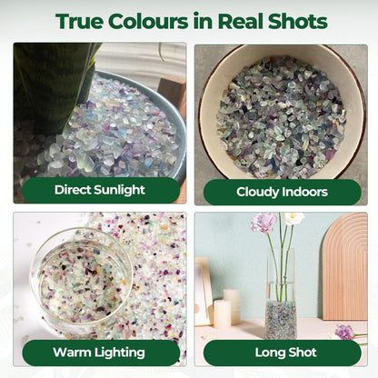 T4U Crystal Chips Stone Crushed Quartz Glass 900g (2 lb), Fluorite Tumbled Gravel Small Decorative Pebbles, Mini Polished Rocks Pieces for Crafts, Vases Filler, Succulent Plants, Aquarium Gravel Rocks