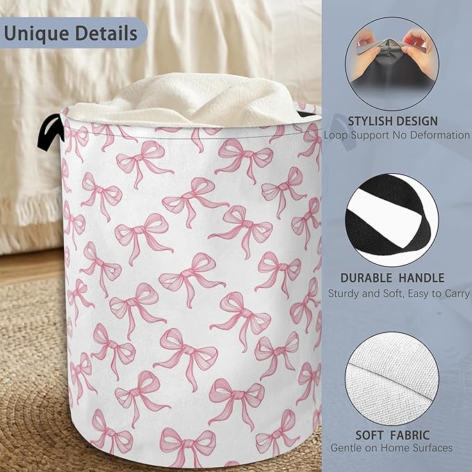 Cute Pink Bow Laundry Basket, Foldable Oxford Cloth Tote Bag Laundry Hamper