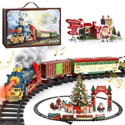 Christmas Steam Electric Train Set Gifts Box with Track, Lights, Music, Smoke, USB Rechargeable Battery,Includes Locomotive and Cars,Card Scene Setup, Under Christmas Tree, Holiday Toy for Kids Age 3+