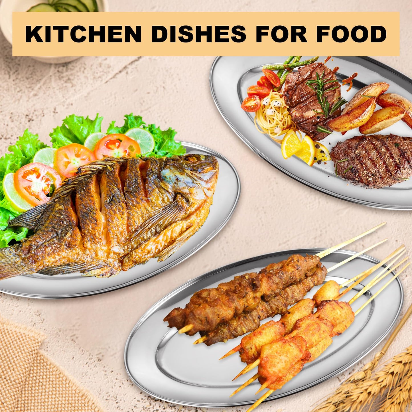 AKOLAFE 10PCS Sizzle Platter for Serving Food Medium Serving Trays for Party Buffet Oval Serving Platter Set Silver Tray Decorative Metal Trays Stainless Steel Tray Long Sizzler Plates for Sushi Snack