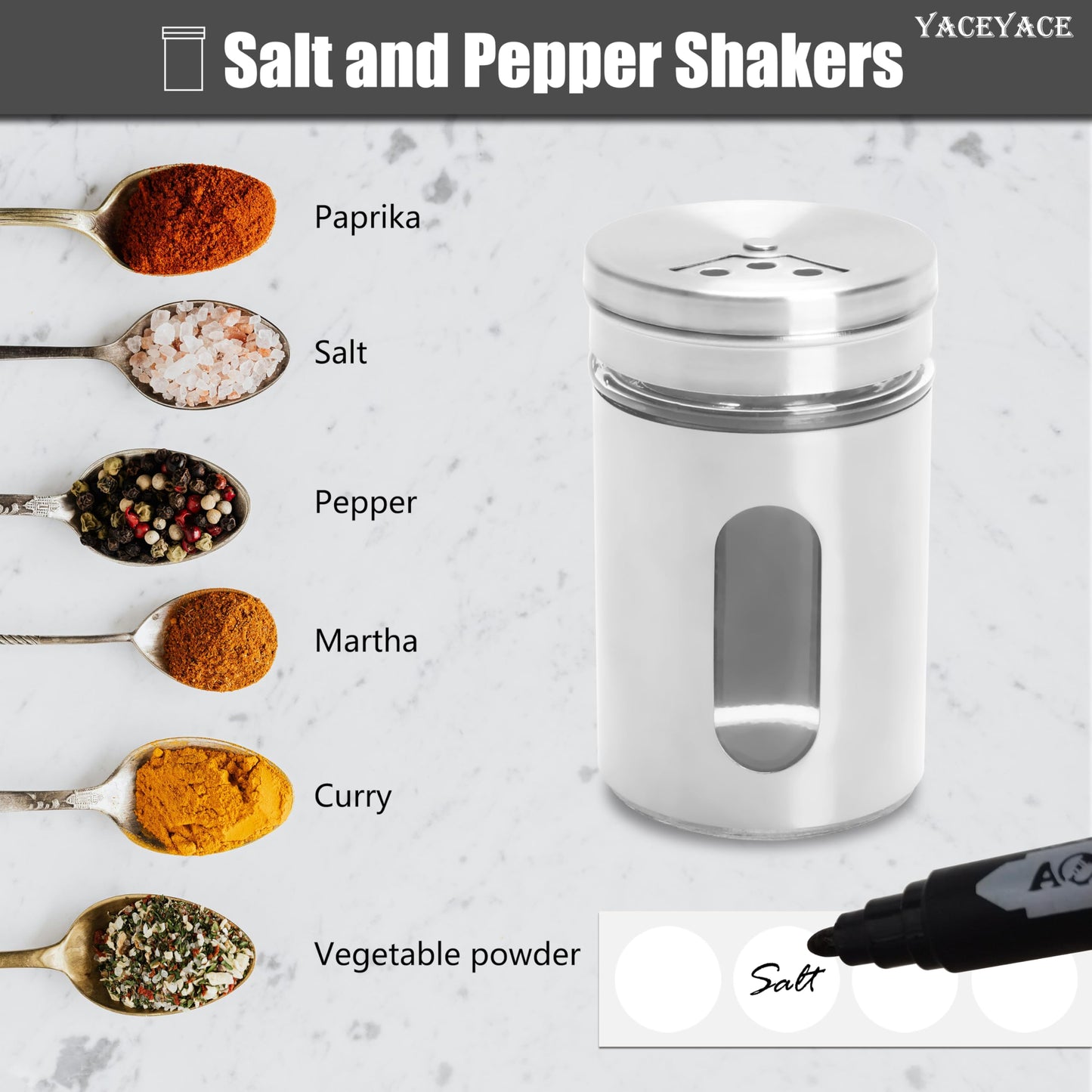 YACEYACE Stainless Spice and Salt Shakers, 6Pcs 3oz Part Clea Salt and Pepper Shakers with Holes and Adjustable Lids, Spice Jars with Label