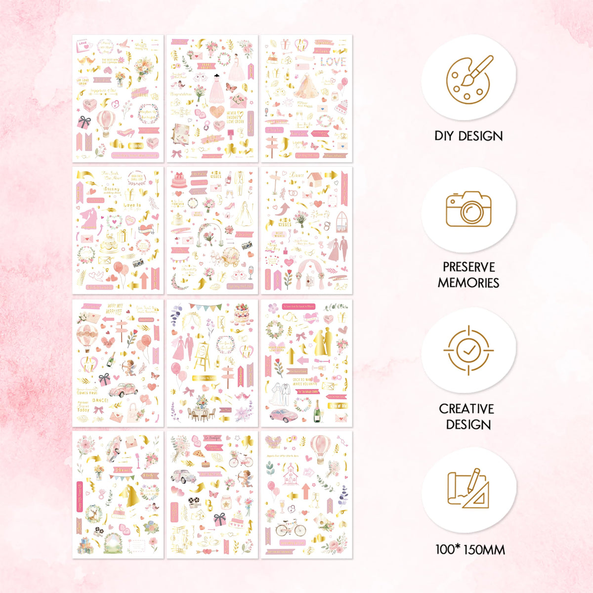 BIROYAL 12 Sheets XL Wedding Stickers for Scrapbooking | Wedding Scrapbook Stickers 6.7" x 9.5" | 450+ Bride Sticker | Bridal Shower Sticker for Engagement, Anniversary, Marriage, Decorations