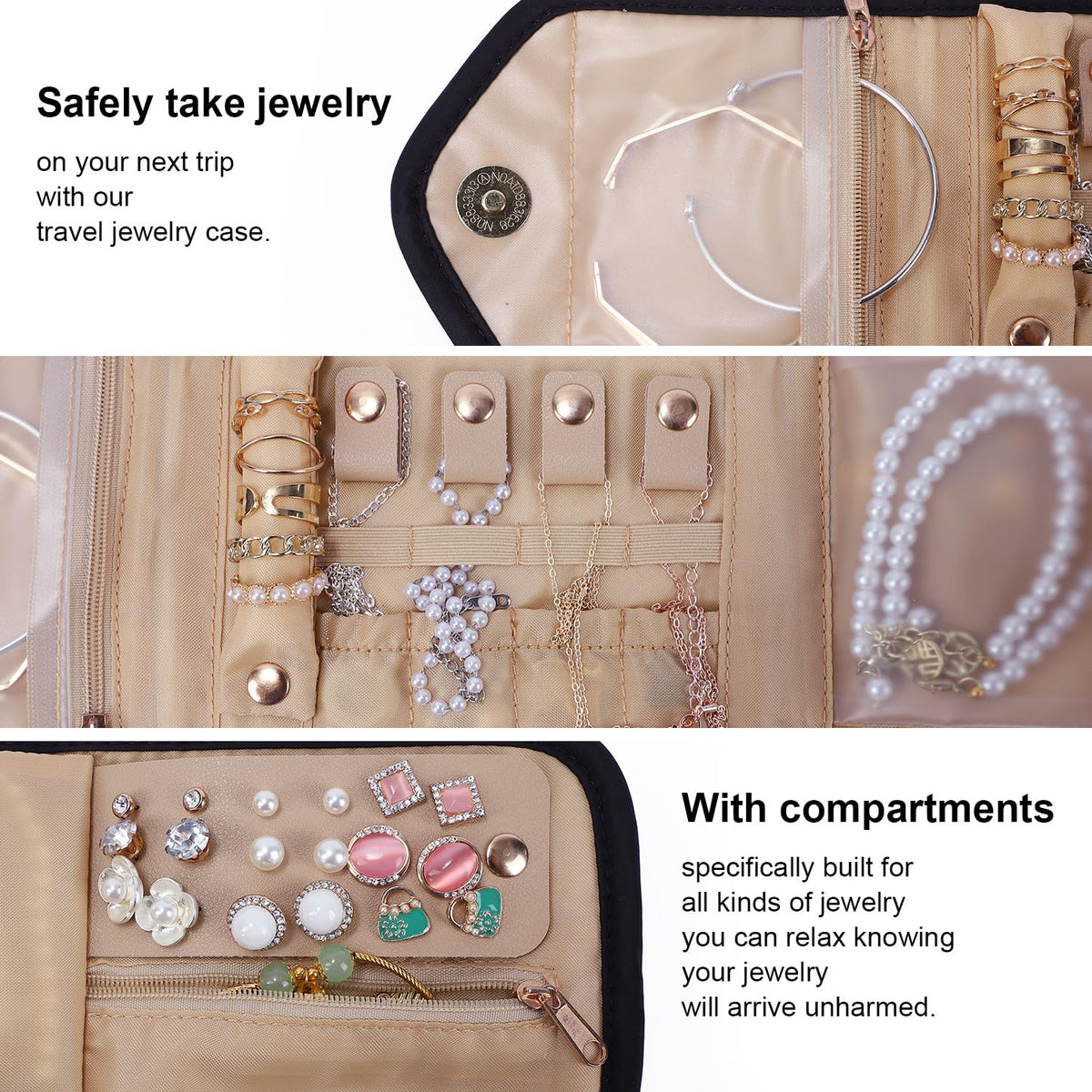 emissary Small Jewelry Travel Case Organizer for Necklace, Earrings, Rings, Bracelet, Jewelry Storage, Earring Storage, Necklace Storage, Valentines Day Gifts Pouch Bag Accessories for Travel(Black)