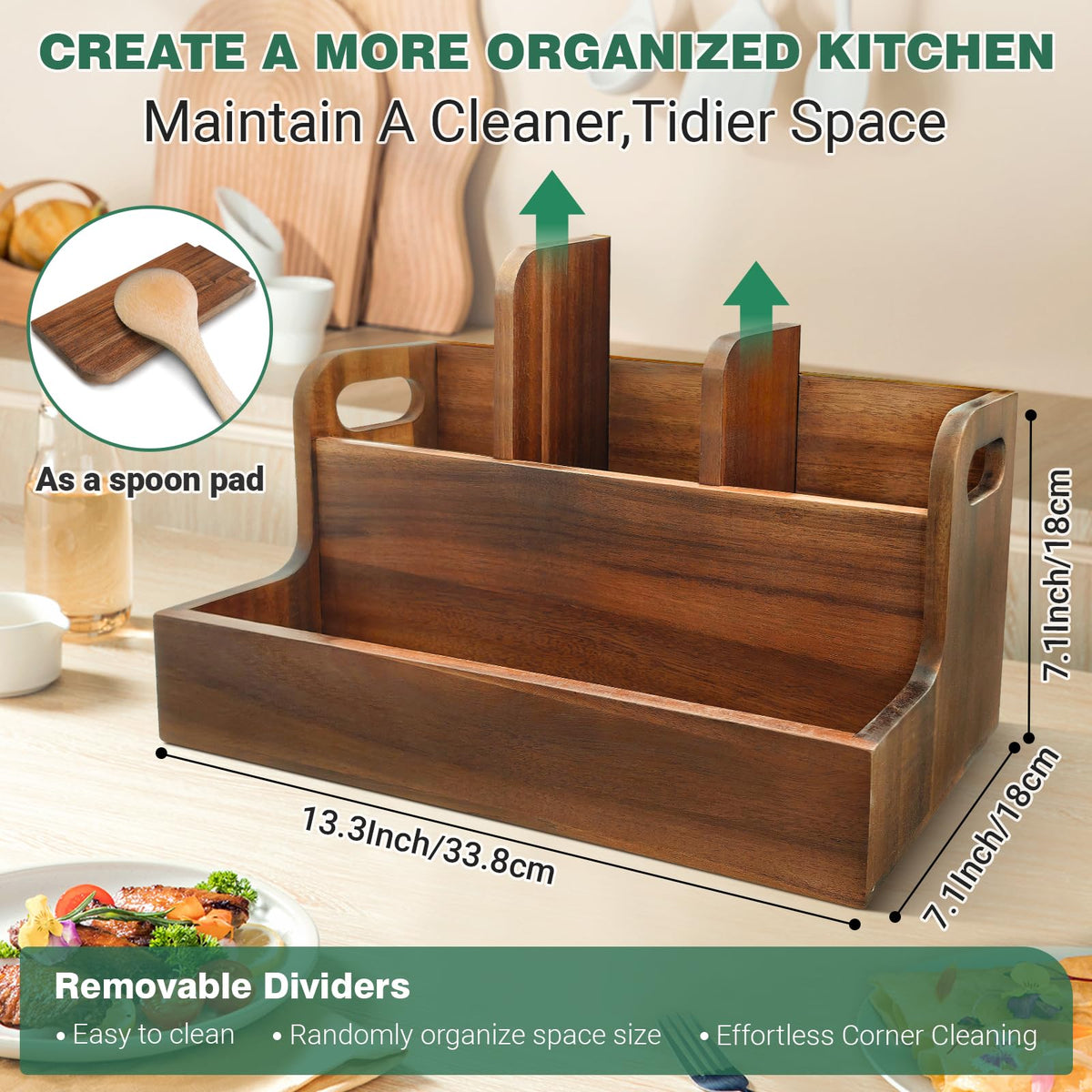 LAGOUPICK Kitchen Utensil Holder for Countertop with 4 Compartments Acacia Large Utensil Holder Wooden Storage for Cooking,Baking,Flatware Tool Kitchen Utensil Organizer