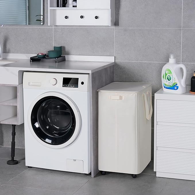 Slim Laundry Hamper with Lid and Wheels, Small Rolling Laundry Basket with