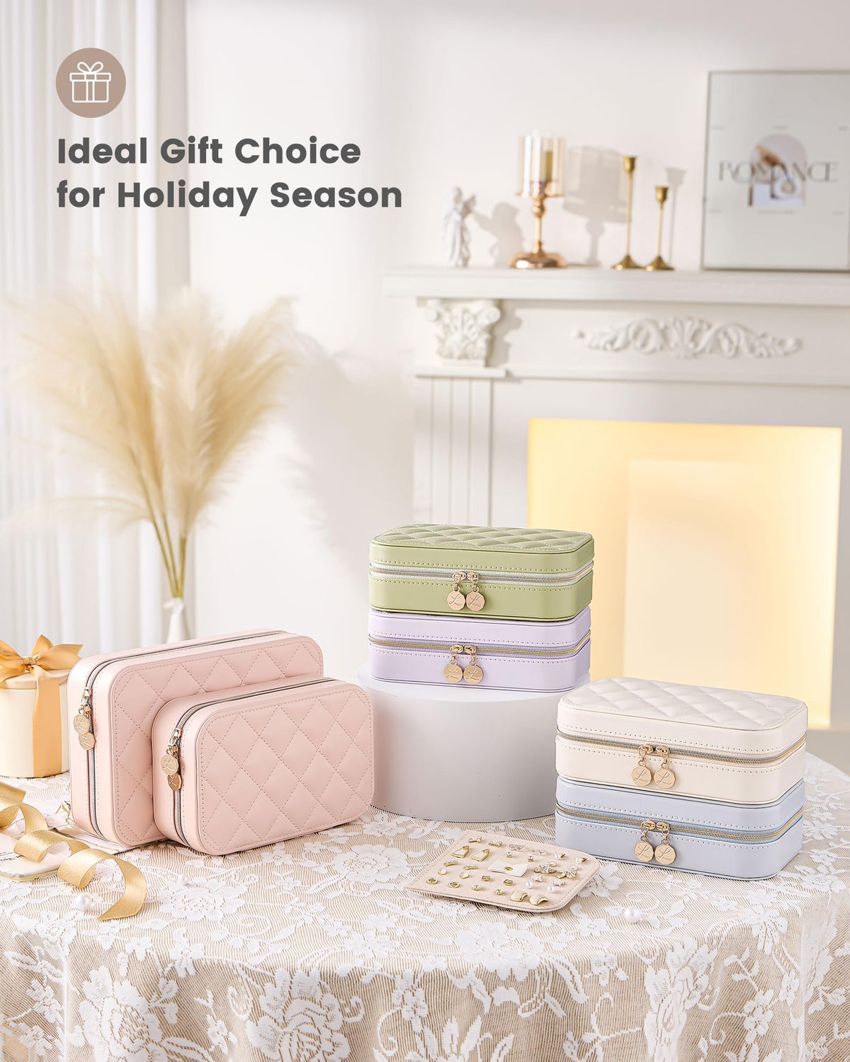 Lolalet Travel Jewelry Case for Women Girls, PU Leather Jewelry Organizer with Clear Storage Bag Small Portable Jewelry Box for Necklace Bracelet Earring Ring Mothers Day Birthday Gifts -Large/Beige