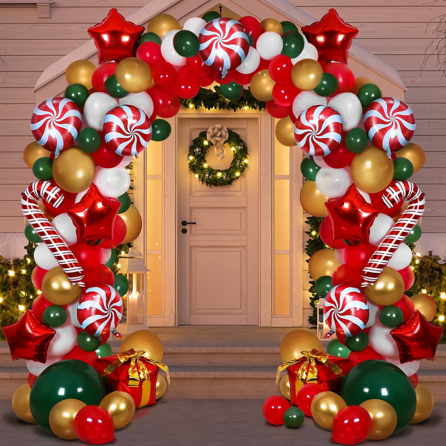 RUODON Christmas Balloon Arch Kit - 233 Pieces with Candy, Cane, Latex, Gift Box & Star Balloons for Party Decorations