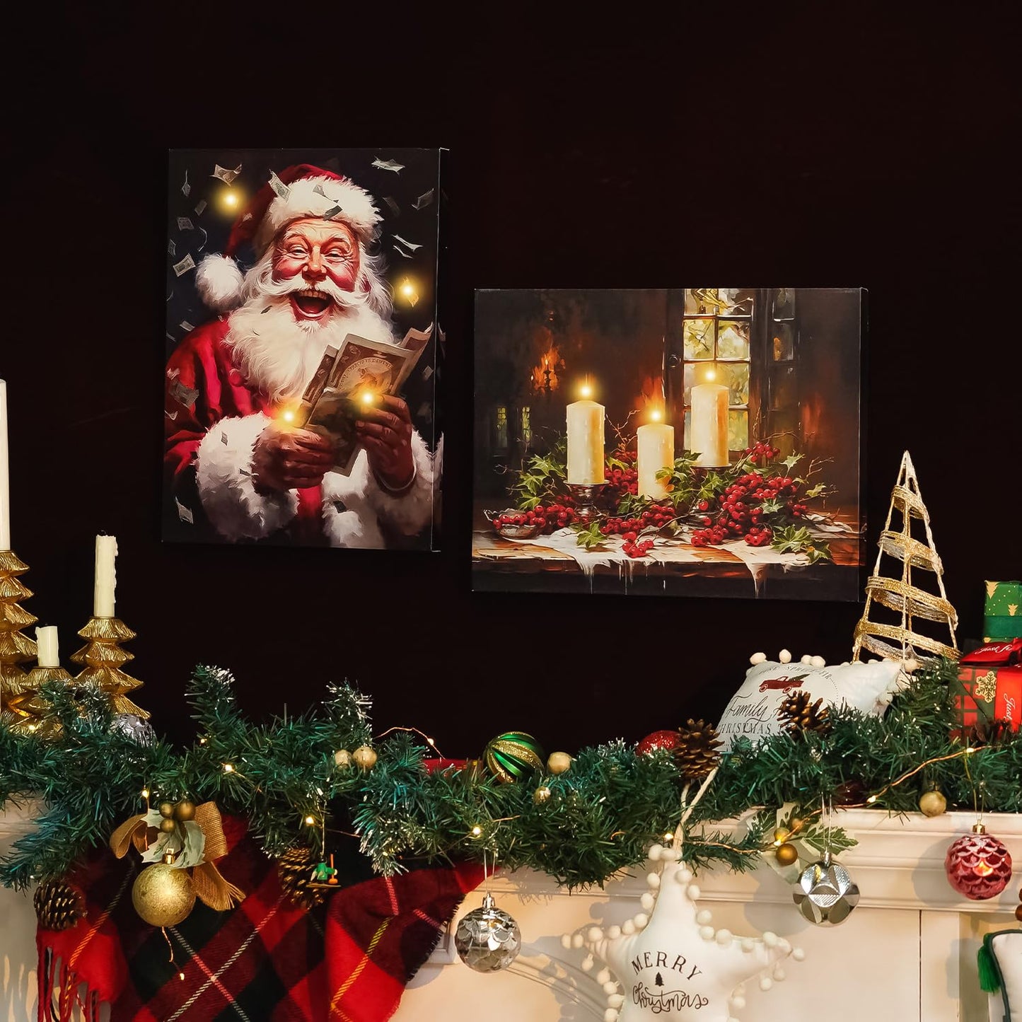 NIKKY HOME Christmas Wall Art, Led Christmas Canvas Prints, Candlesticks by the Window Pictures Wall Arts, Decor Light Up Winter Wall Art For Living Room Bedroom Xmas Party Gift 12" X 16"