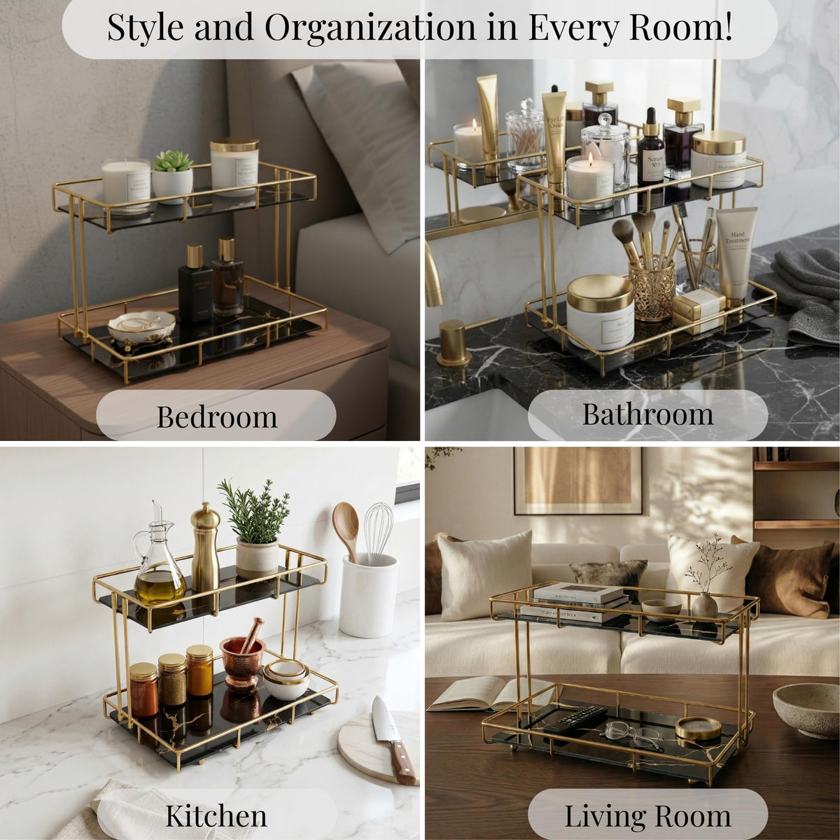 Léazora 2-Tier Black Marble Bathroom Countertop Organizer – Glass Shelves & Gold Metal Frame, Stylish Vanity Storage Shelf for Perfume, Skincare, Makeup & Toiletries