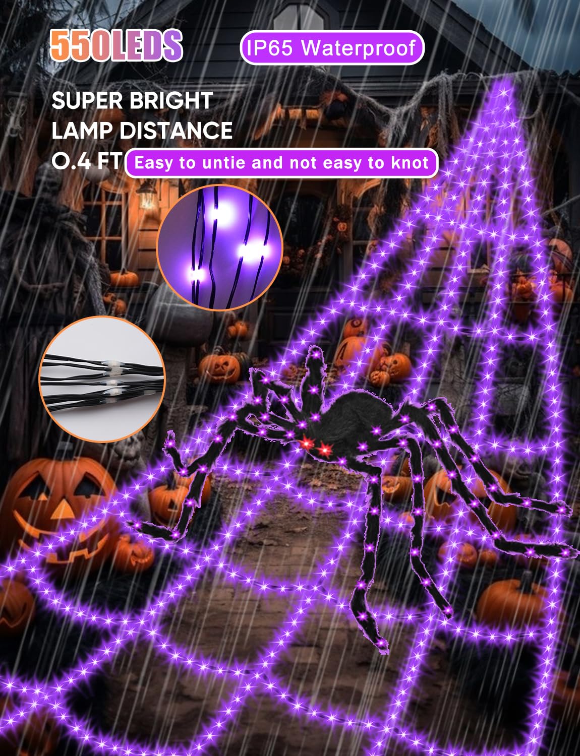 Halloween Decorations Outdoor Spider Web Lights - 550 LED 16.4Ft Spiderweb with 4Ft Large Light Up Spider, Waterproof, 8 Modes Memory Function for Outdoor Yard Halloween Decor (with Spider)