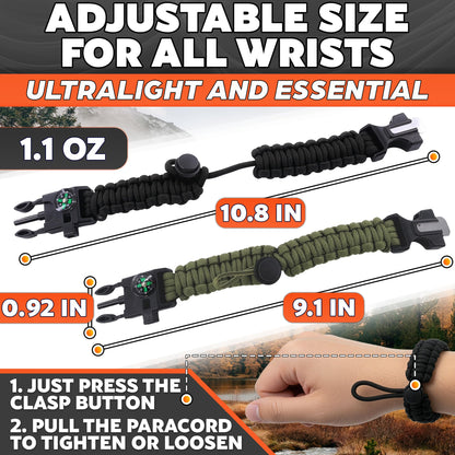 Paracord Bracelets for Men and Women – Adjustable Survival Paracord Bracelet with 11.8 ft Nylon Cord, Flint Fire Starter, Compass, Whistle & Scraper – Camping, Hiking, Fishing Gear (Black & Khaki)
