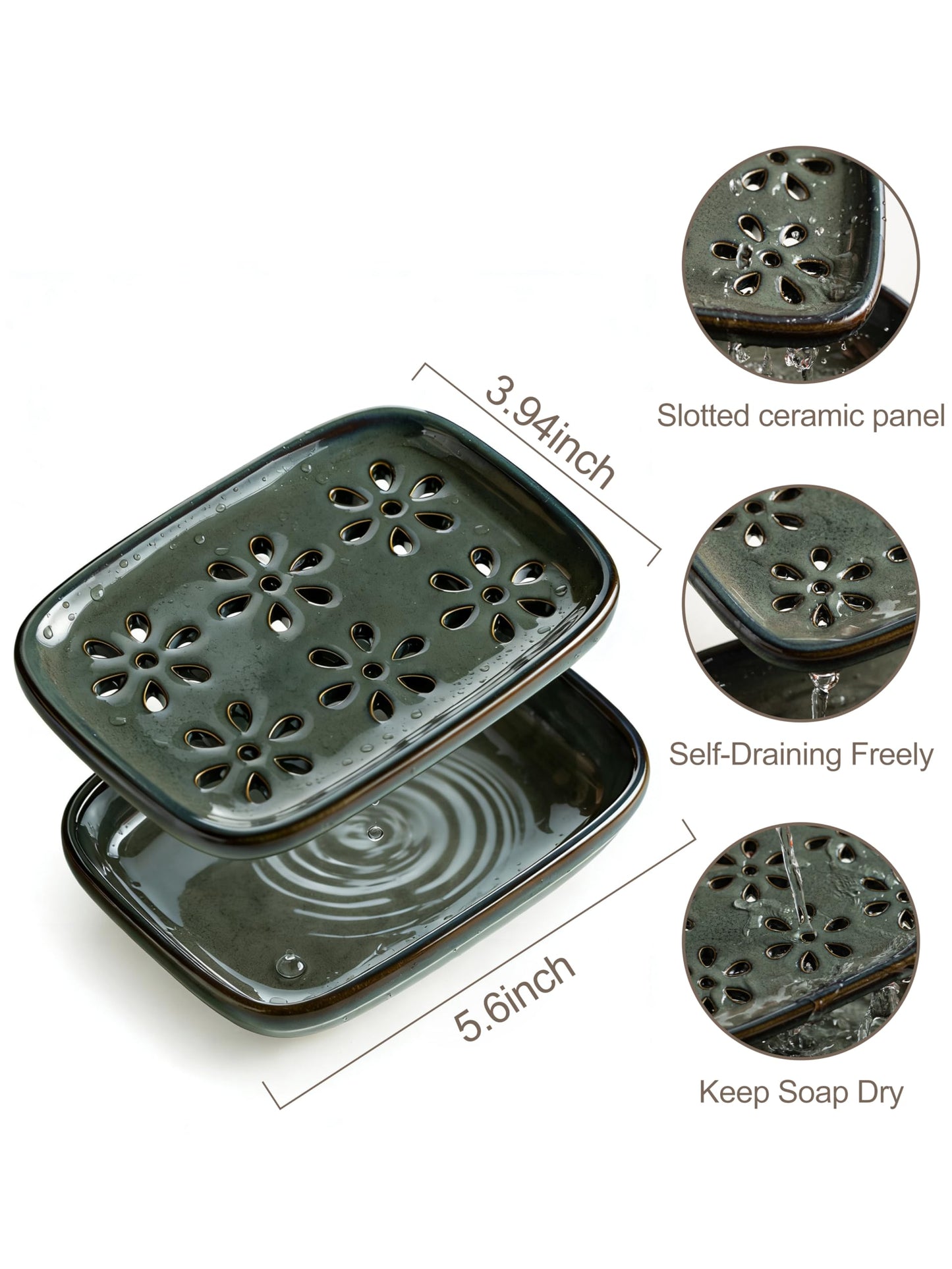 Miamolo Ceramic Soap Dish for Shower, Bar Soap Holder with 2 Layer Draining Soap Tray for Bathroom Sink Tub and Kitchen, Water Collection Tray Mess-Free Soap Dishes Container Saver, Gray Blue