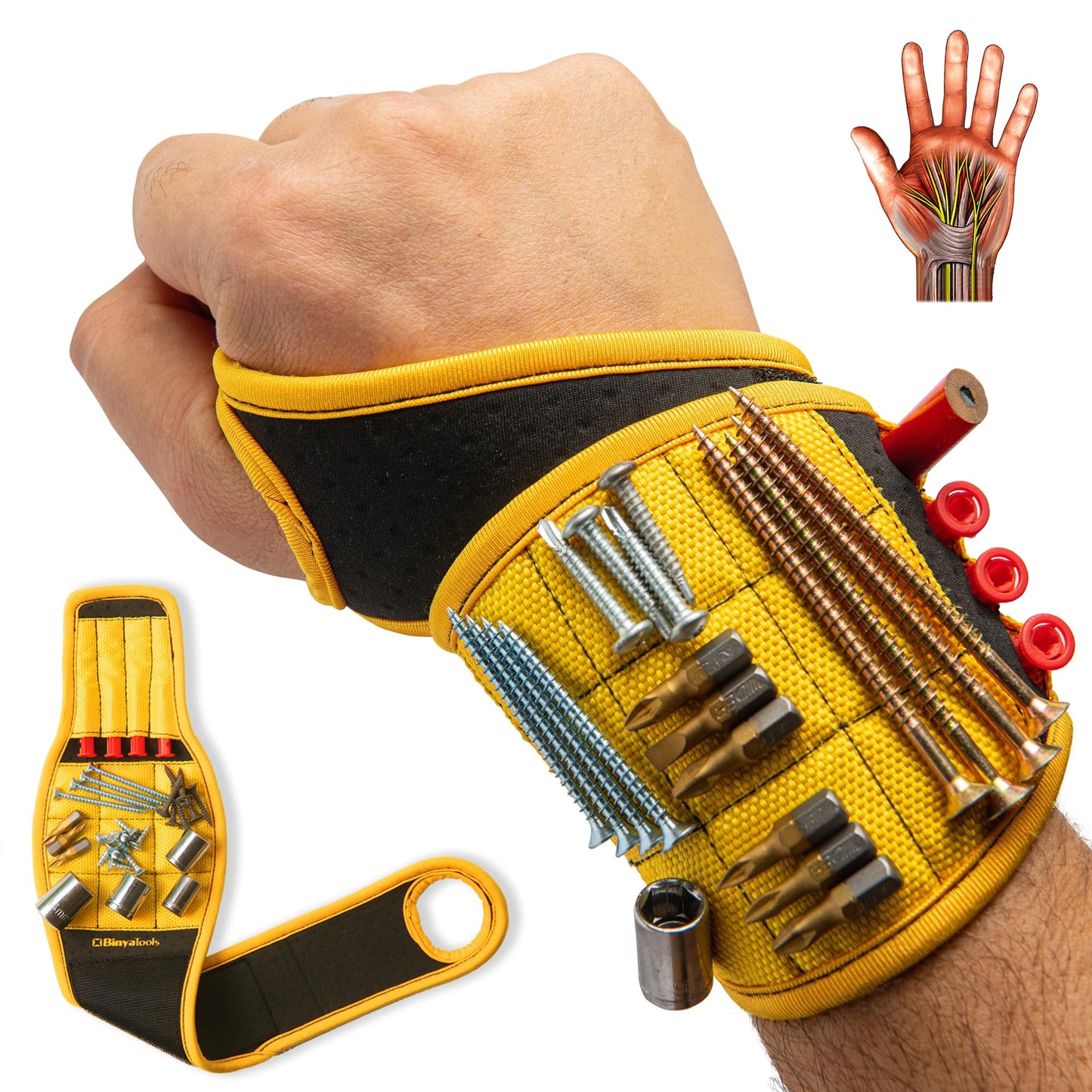 BINYATOOLS Magnetic Wristband with Super Strong Magnets Holds Screws, Nails, Drill Bit. Unique Wrist Support Design Cool Handy Gadget Gift for Fathers, Boyfriends, Handyman, Electrician, Contractor